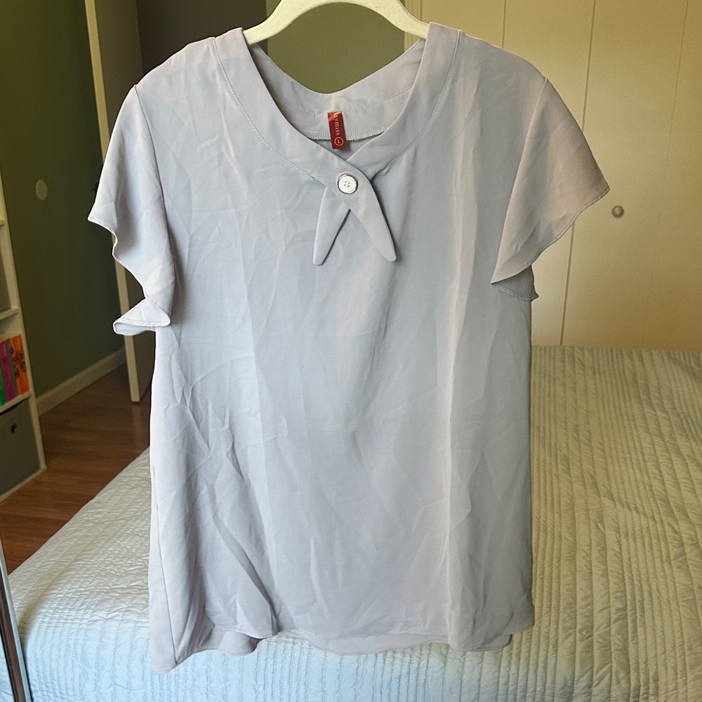 Light Blue Short Sleeve Blouse with Decorative Button